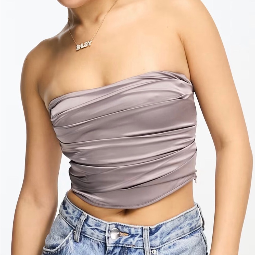 Strapless Ruched Satin Tube Top - Taupe
